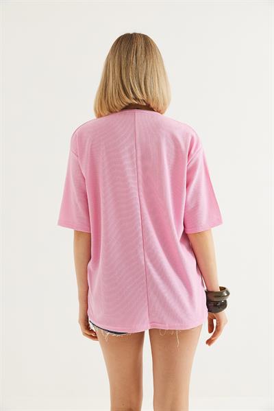 Bisiklet Yaka  Kısa Kol Basic Tshirt Pembe