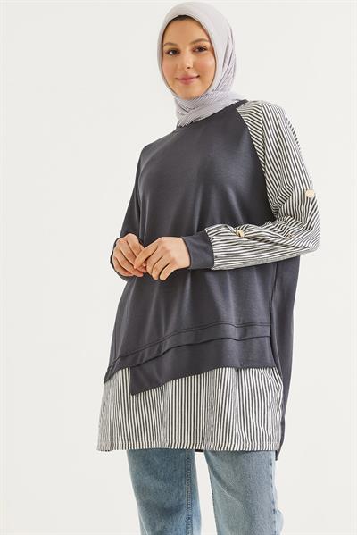 Kolu Ve Eteği Gömlek Garnili Tunik  Gri