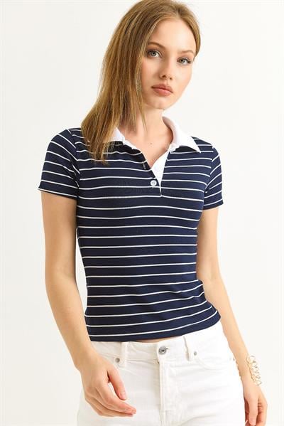 Polo Yaka Çizgi Desenli Kadın Tshirt Lacivert