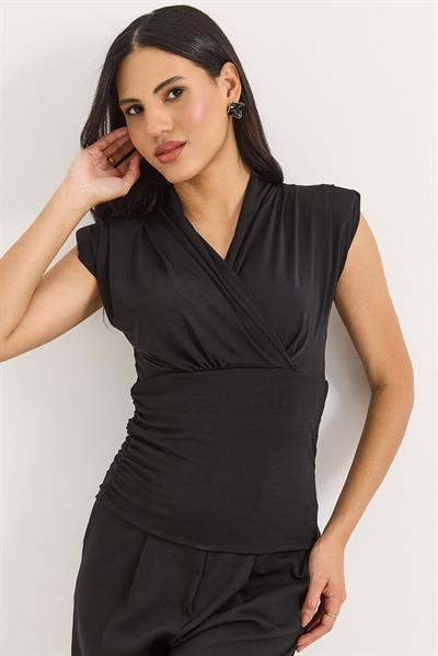 Kruvaze Yaka Vatkalı Sıfır Kol Bluz Siyah