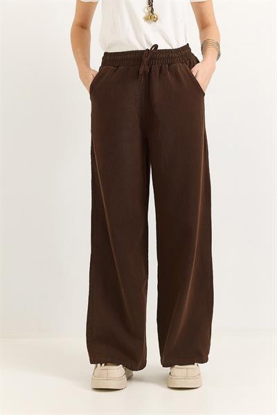 Kadın Pantalon Geniş Paça Bağcıklı  Pantalon Kahverengi