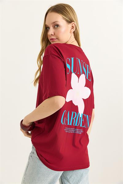 Ön Arka Baskılı Bisiklet Yaka Tshirt Bordo