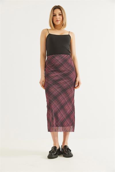 Astarlı Ekose Tül Etek Bordo