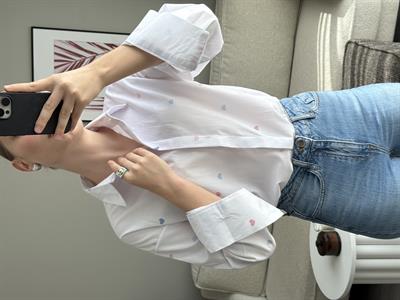 Kalp Baskılı Rahat Kalıp  Kadın Gömlek Beyaz