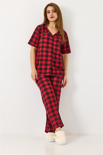 Kadın Ekoseli Pijama Takımı Kırmızı