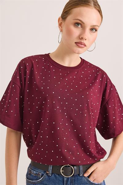 Taş Detaylı Rahat Kalıp Premium Pamuk Tshirt	Bordo