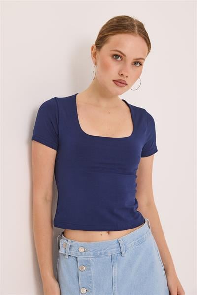 Kare Yaka Esnek Pamuk Örme Bluz Lacivert