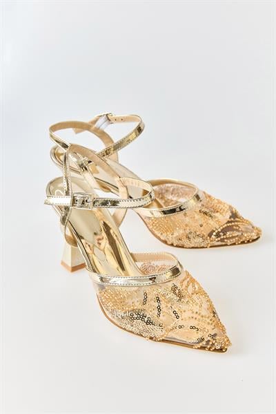 Kadın Tül Pul ve Boncuk İşlemeli Stiletto Gold