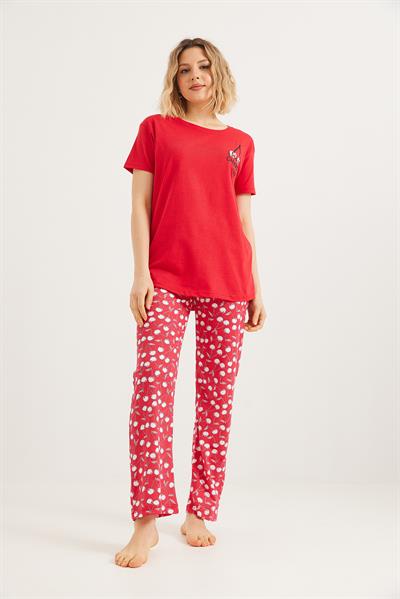 Baskılı Kısa Kol Pijama Takım Kırmızı