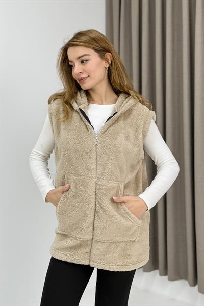 Kadın Kapüşonlu Kanguru Cepli Welsoft Sweat Vizon