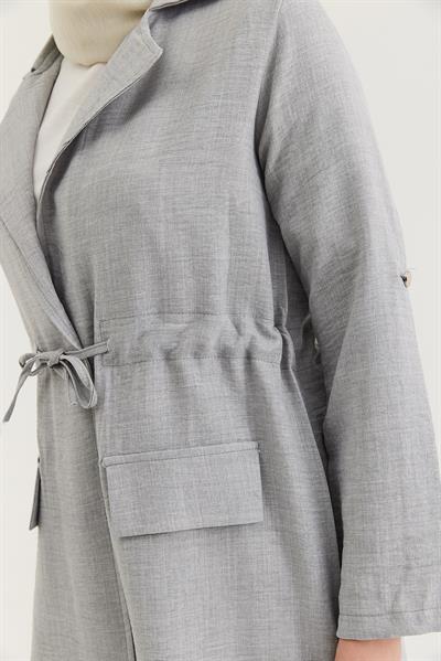 Bel Bağlamalı Ceketli Keten Takım Gri