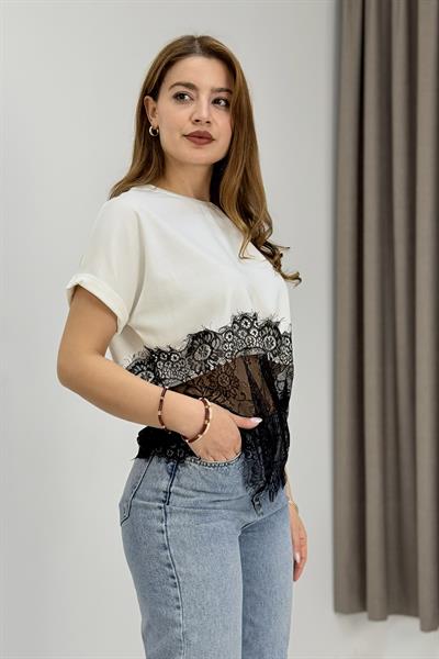 Kadın Eteği Full Dantelli Kısa Kollu Bisiklet Yaka Bluz Beyaz