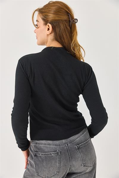 Kadın Dikiş Detaylu Esnek Uzun Kollu Bluz Siyah
