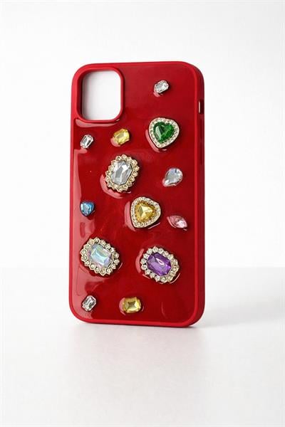 İphone 12 Pro Max Uyumlu Renkli Kristal Taşlı Kılıf Kırmızı