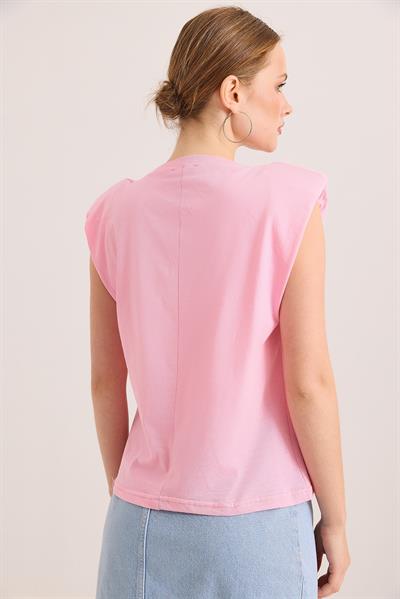 Omuz Vatkalı Şık Aksesuar Detaylı Pamuk Örme Tshirt Pembe