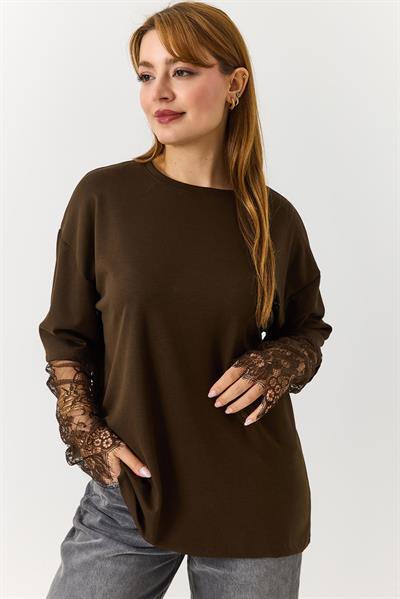 Kadın Kolu Tül Detaylı Oversize Tshirt Kahverengi