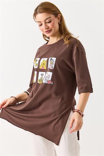 Kadın Yanı Yırtmaçlı Oversize Basic Tshirt Kahverengi