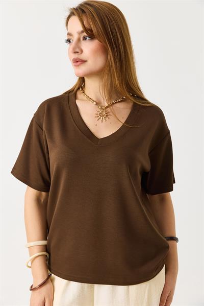 Kadın V Yaka Modal Kısa Kollu Tshirt  Kahverengi
