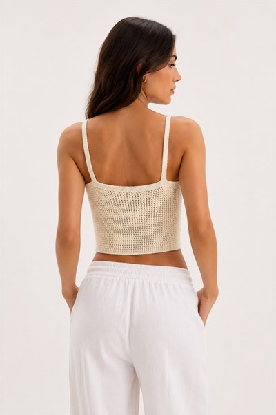 Kadın V Yaka İnce Askılı Örgü Model Crop Bluz Krem