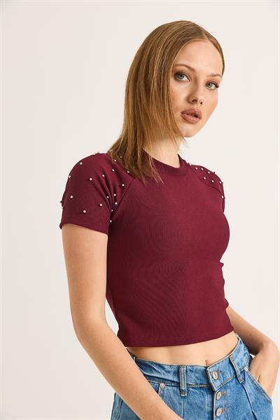 Regular Taş Detaylı Ottoman Crop Bluz Bordo