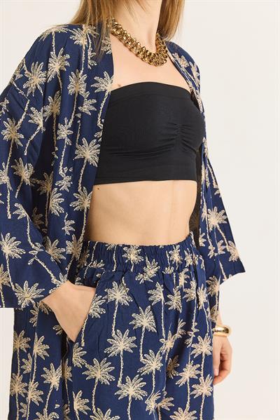 Kimono Şortlu Desenli Dokuma Kadın İkili Takım Lacivert