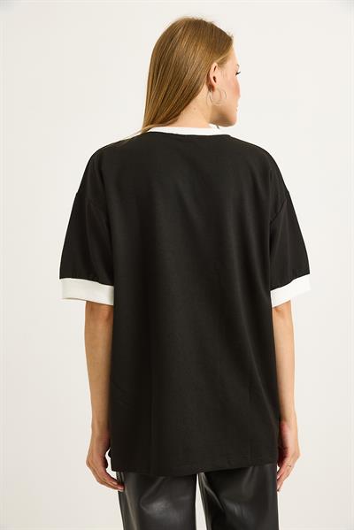Baskılı Oversize Bisiklet Yaka Tshirt Siyah