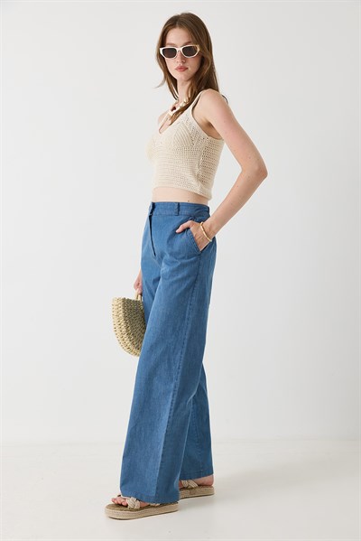 Kadın Beli Lastikli Geniş Paça Rahat Kesim Pantalon Mavi