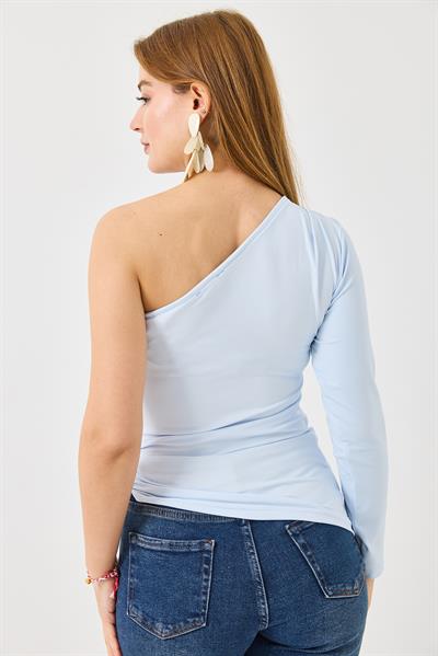 Kadın Yanı Aksesuar Detaylı Tek Omuz Bluz Mavi