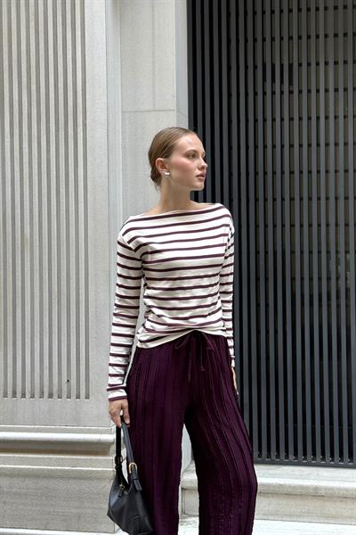 Çizgi Desen Geniş Yaka Uzun Kollu Bluz Mürdüm