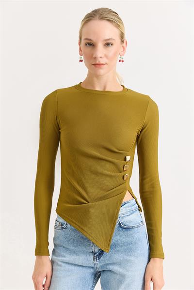 Yanları Tokalı ve Yırtmaçlı Uzun Kollu Bluz Haki