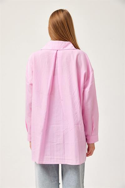 Oversize Cepli Poplin Gömlek Pembe