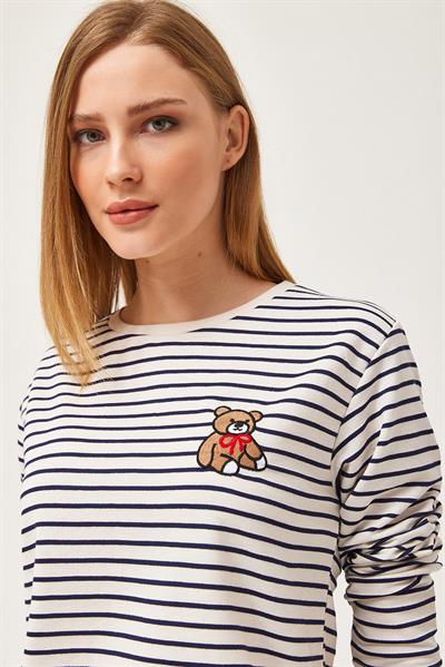 Bisiklet Yaka Çizgili Uzun Kollu Sweatshirt Siyah