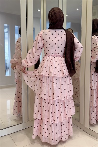 Kadın Puantiyeli Kuşaklı Kat Detay Tül Modal Astarlı Elbise Pembe