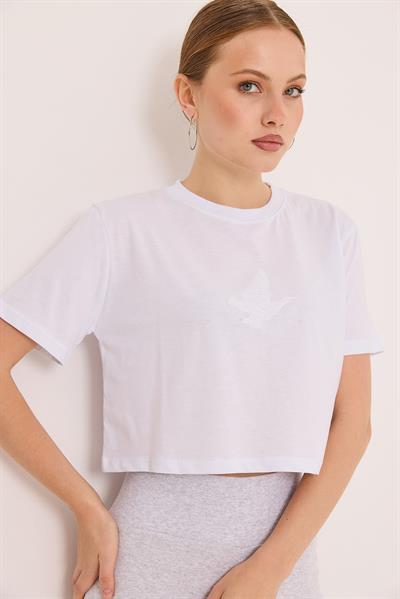 Karikatür Kuş Kabartma Baskılı Örme Crop Tshirt Beyaz