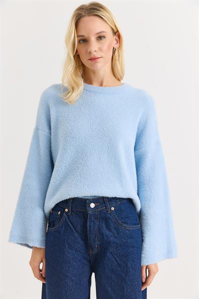 Kadın Bisiklet Yaka Oversize Yumuşak Tüylü Mavi
