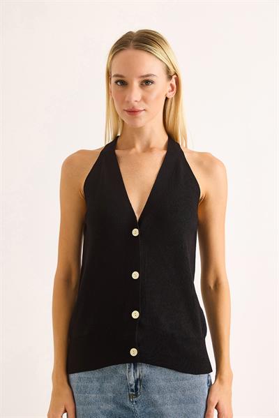 Kadın Düğmeli Triko Yelek Siyah
