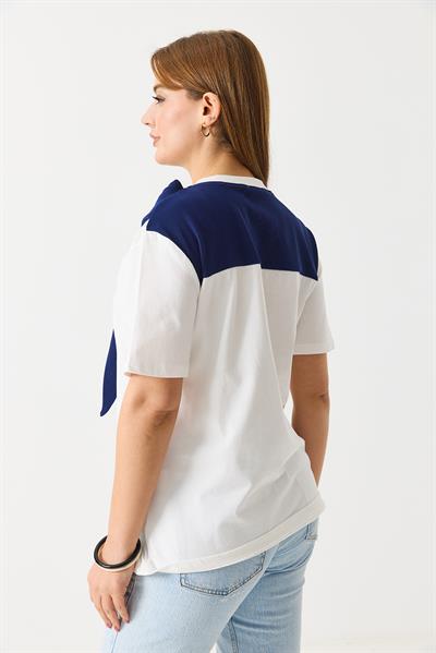 İki Renkli Lacivert Kaşkorse Şal  Bağlamalı Tshirt Beyaz