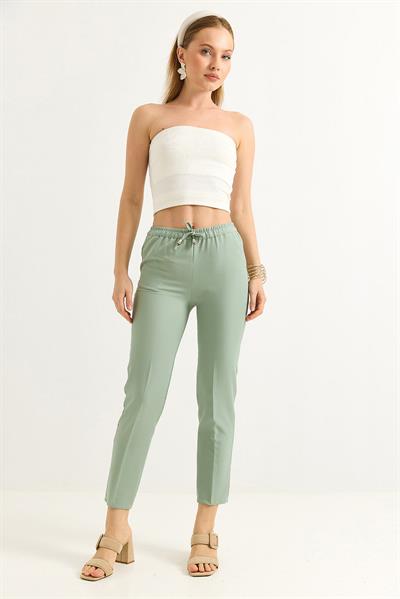 Beli Lastikli Kısa Paça Double Krep Pantolon Çağla