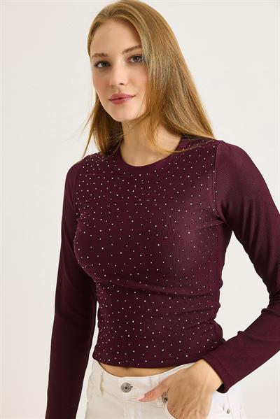 Kadın Ottoman Bisiklet Yaka Taşlı Bluz Bordo