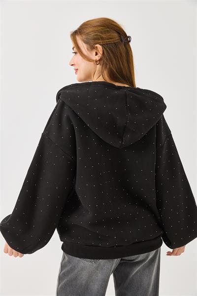 Kadın Taş Detaylı Kapüşonlu 3 İplik Fermuarlı Sweatshirt Siyah