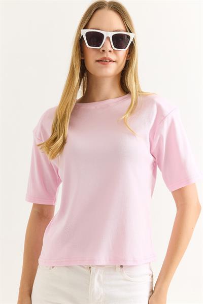 Vatkalı Bisiklet Yaka Basic Tshirt Açık Pembe