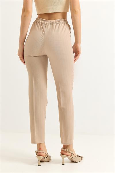 Beli Lastikli Çizgi Desenli Krep Pantolon Vizon
