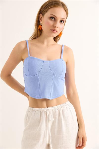 İp Askılı Örme Crop Bluz Mavi