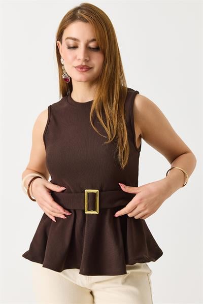 Kadın Toka Detaylı Kaşkorse Bisiklet Yaka Bluz Kahverengi