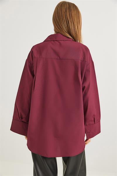 Ayıcık Nakışlı Oversize Basic Gömlek Bordo