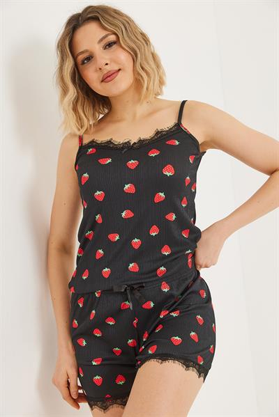 Dantel Detaylı Şortlu Pijama Takımı Siyah