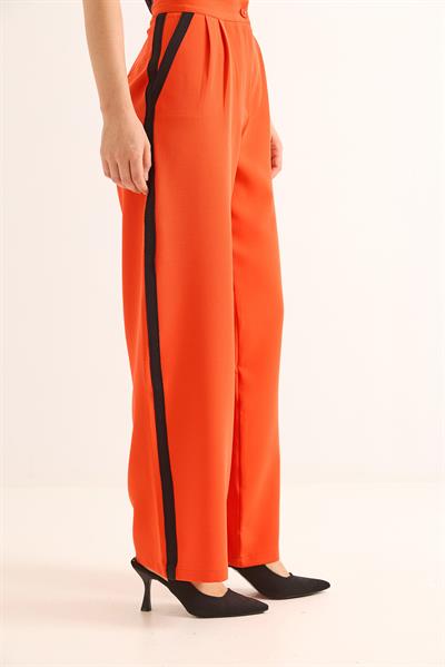Yanları Şeritli Yüksel Bel Palazzo Pantolon Turuncu