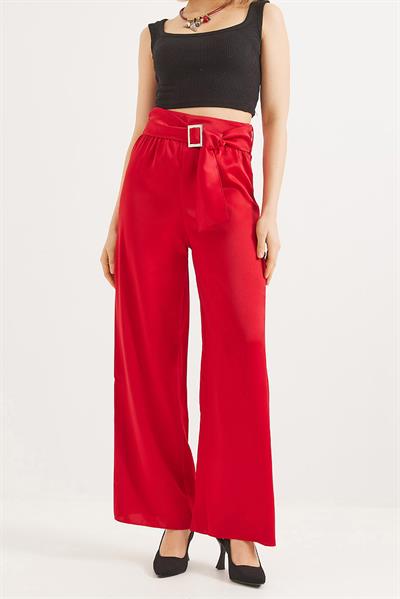 Kemerli Yüksek Bel İspanyol Paça Pantolon Kırmızı