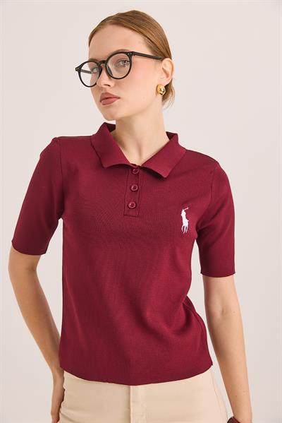 Nakışlı Polo Yaka Düğme Detaylı Triko Tshirt	Bordo