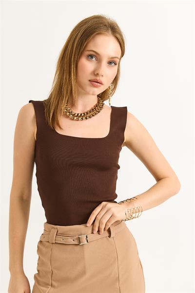  Kare Yaka Crop Triko Bluz Kahve